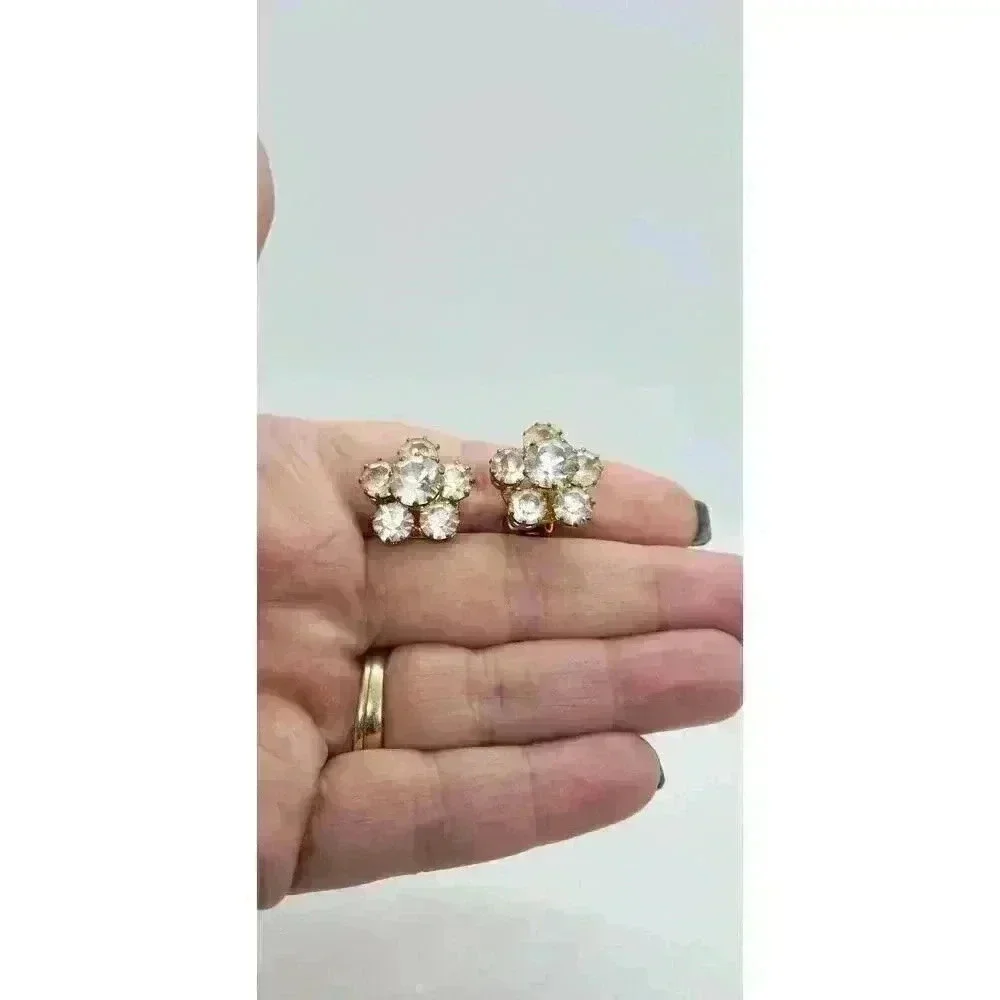 Vintage Earrings Clear Rhinestone Gold Clip Prong Set Austria Statement Bride